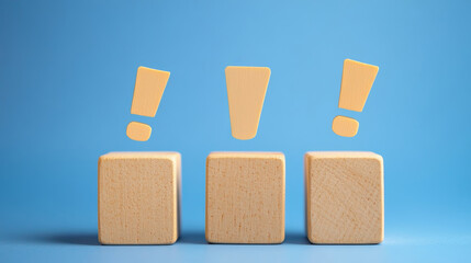Three exclamation marks hover over wooden blocks, representing important issues needing attention.