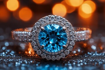Stunning blue gemstone ring surrounded by sparkling diamonds on a shimmering background