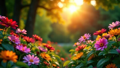 Obraz premium Lovely garden at sunset with blooming flowers and greenery, nature, outdoors