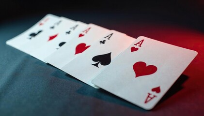 Playing cards arranged in a row showing an ace of each suit , royalty, risk