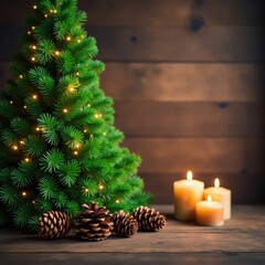 Lush green Christmas tree branches set against a rustic wooden background with pinecones and candles in a warm golden light, holiday, warm glow