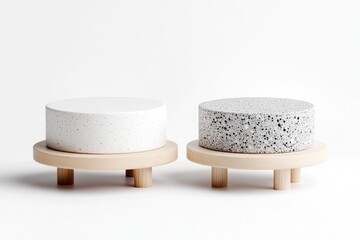 Two round decorative objects, one white with speckled pattern, the other grey, rest on light beige wooden stands