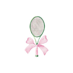Watercolor Tennis Aesthetic Illustration, Girly Sport Illustration, Hand Painted Image for design. Green Racket with Preppy Pink Bow