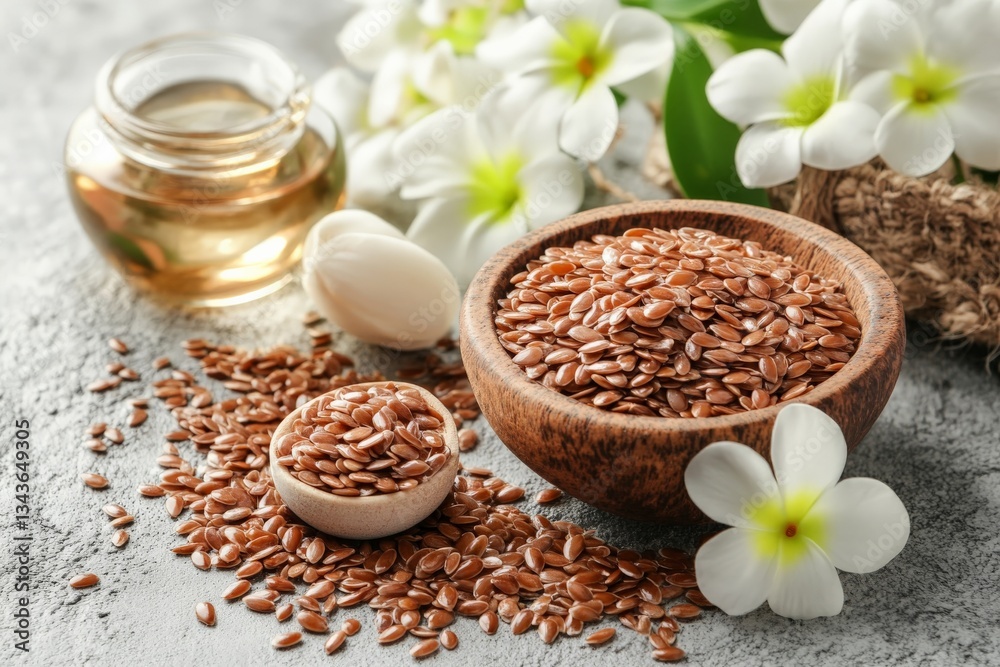 Poster flaxseed and oil surrounded by flowers on a textured surface in a natural setting