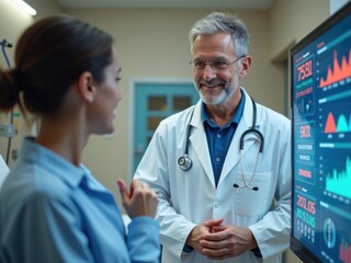 Médico realiza un examen de rutina mientras se muestran en una pantalla las estadísticas del crecimiento del hospital y del negocio de la atención médica