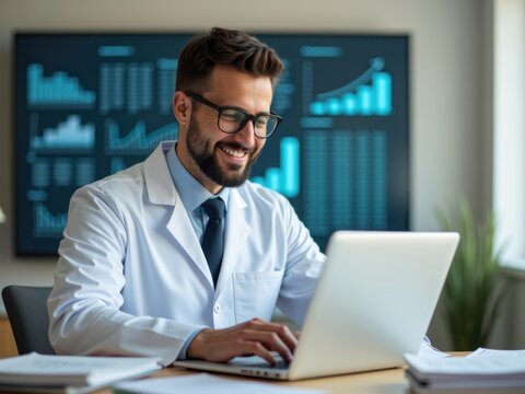 Doctor revisa el historial m&eacute;dico de un paciente en una computadora, junto con el aumento de las estad&iacute;sticas del negocio de la atenci&oacute;n m&eacute;dica y el crecimiento de los seguros