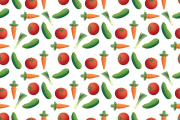 Seamless pattern with drawn vegetables. Tomato, zucchini, carrot, leek. Vegan and healthy food. Farm organic products. Vector background.