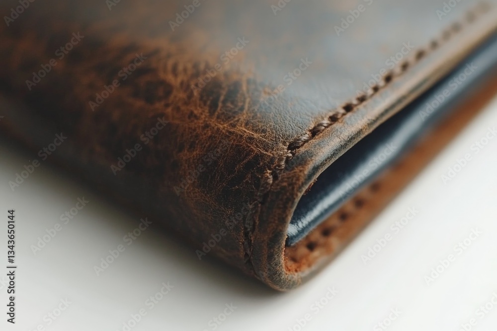 Poster close-up of a brown leather wallet showcasing its detailed texture and craftsmanship for a sophistic