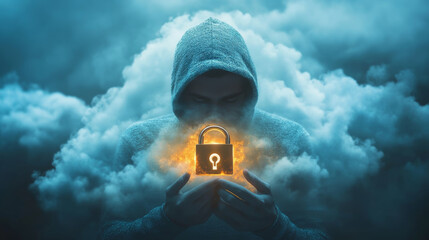 Mysterious hooded figure holds a glowing padlock surrounded by clouds, symbolizing cloud security.
