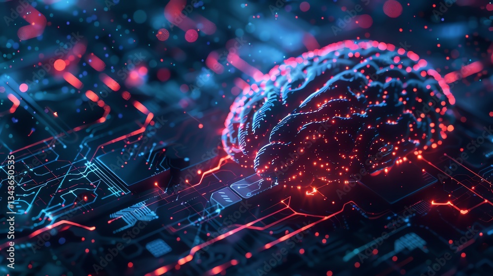 Poster a 3d rendered image of a brain connected to a circuit board with glowing lights and lines.