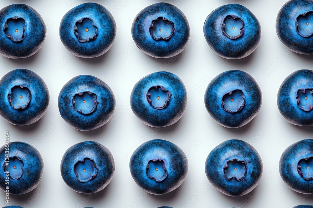 Poster Fresh blueberries arranged neatly on a white background displaying vibrant colors and textures