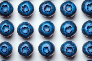 Fresh blueberries arranged neatly on a white background displaying vibrant colors and textures