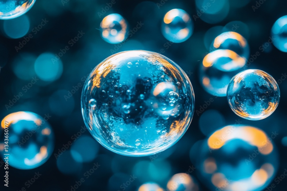Aufkleber Bubbles floating in a colorful underwater environment during twilight lighting