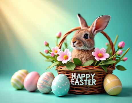 AI generation of small cute hare in the basket with decorated eggs among spring flowers. Copy spase.