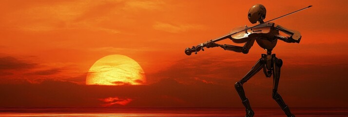 Fototapeta premium Robot plays violin at sunset fiery skies