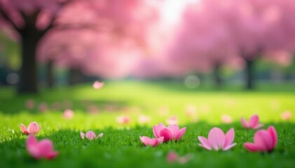 Fototapeta premium mesmerizing pink sakura petals drifting gently on a soft focus green grass , green, soft focus, abstract