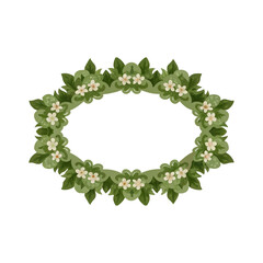 Fototapeta premium A decorative green floral frame featuring leaves and small white flowers, ideal for highlighting text or images.