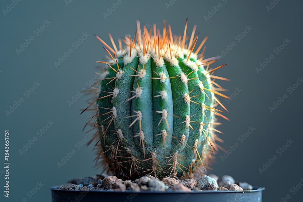 Poster Brightly lit cactus with spines sits in a pot, showcasing its unique texture and color