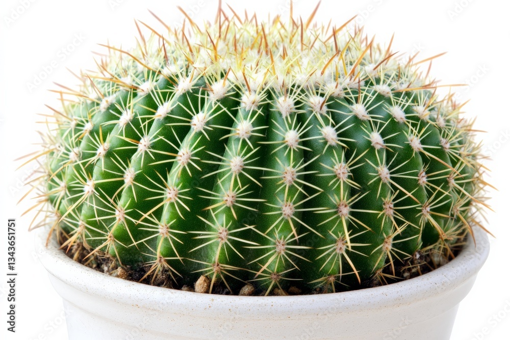Poster vibrant green cactus with pronounced spines in a simple white pot positioned against a clean backgro