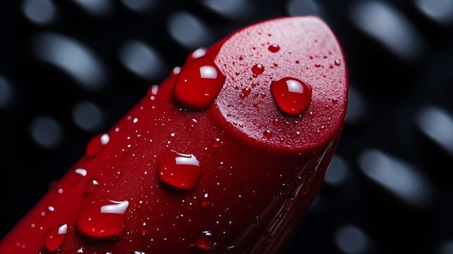 Red lipstick with drops of water on black background, closeup
