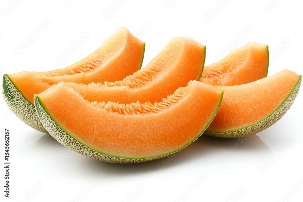 Poster freshly sliced cantaloupe pieces arranged neatly on a white background for a healthy snack idea