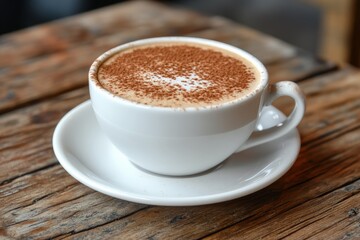 Fototapeta premium Warm cup of coffee with cocoa dusting served on a rustic wooden table in a cozy cafe setting