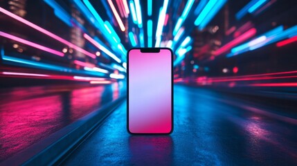 Mobile phone stands against abstract city light streaks background