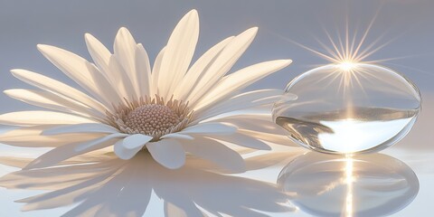 Obraz premium A white daisy flower with a clear sphere reflecting light on a reflective surface