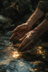 Hands panning for gold in a river.