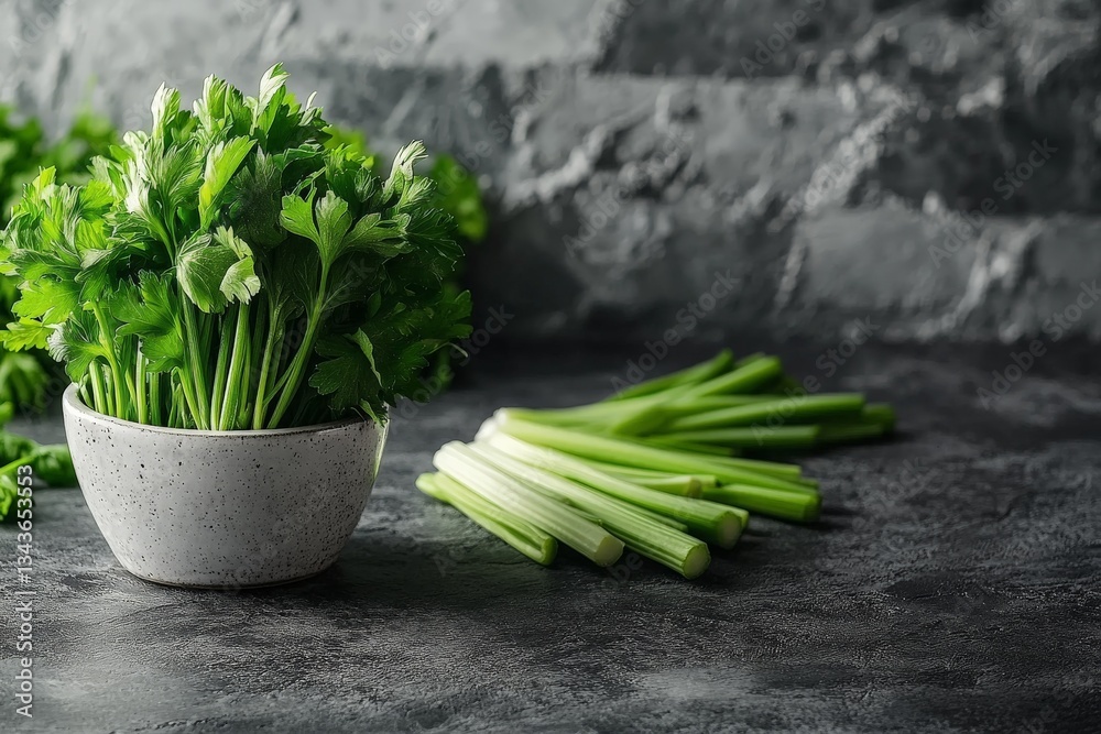 Poster fresh herbs and greens presented in a rustic kitchen setting highlighting celery and parsley