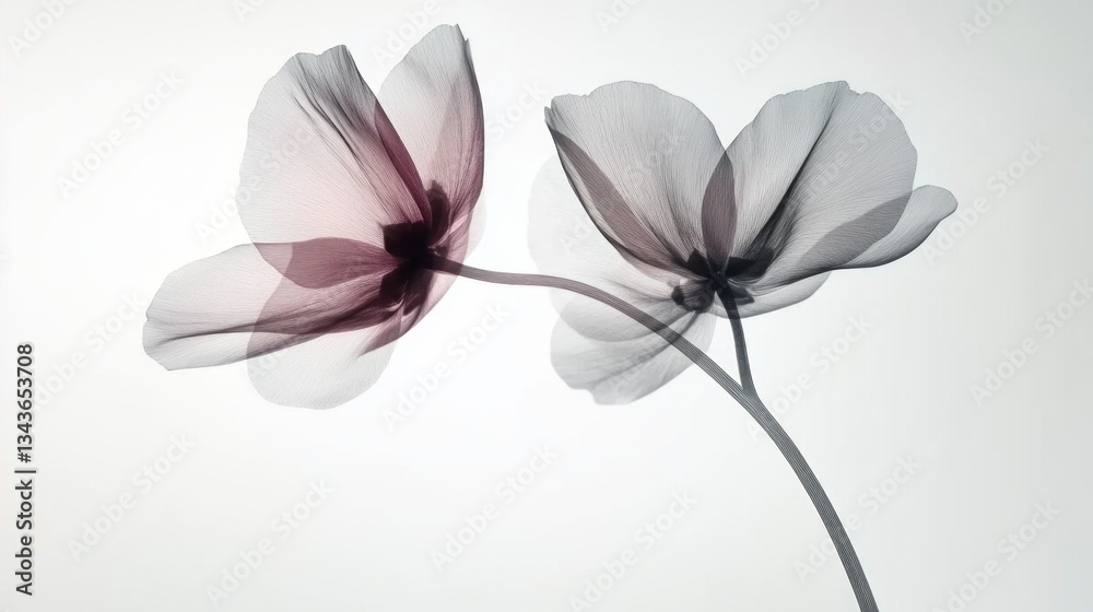 Poster two elegant flowers gracefully sway, their petals translucent and adorned with subtle tones. bathed 