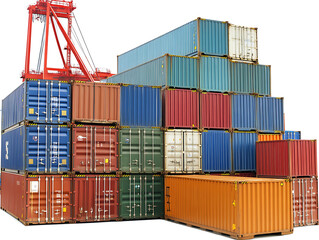 Stacked shipping containers of various colors with a red crane visible in the background on a plain white background.
