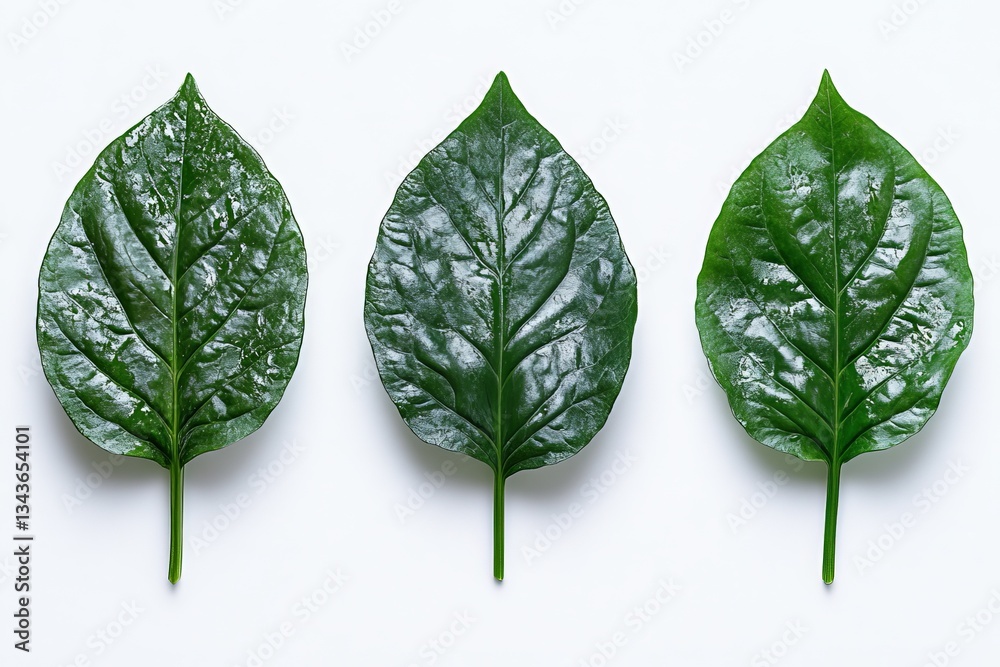 Poster fresh green leaves arranged neatly on a white background showcasing their texture and color detail