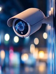 Close-up of a white surveillance camera mounted on a wall with blurred city lights providing a background.