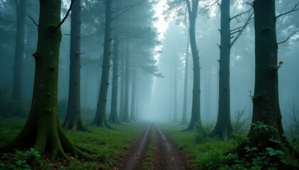 Naklejka premium Misty forest with twisted firs and foggy atmosphere, vintage, nature