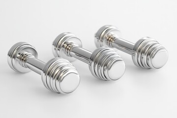 Silver adjustable dumbbells lined up on a white background ready for a workout session