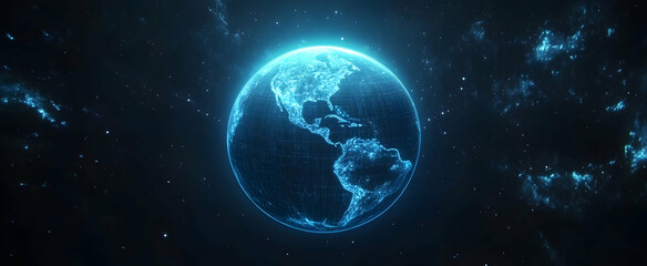 Fototapeta premium Abstract digital planet Earth with glowing blue and orange light beams.