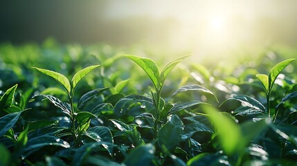 A lush green field of tea leaves captured during a misty morning at a serene tea plantation
