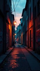 Fototapeta premium Moody cityscape with dark alleys and graffiti at dusk, darkness, nightlife