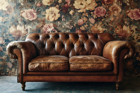 Photograph of an old leather sofa against a textured wallpaper wall, showcasing the rich brown color and worn texture for vintage home decor.