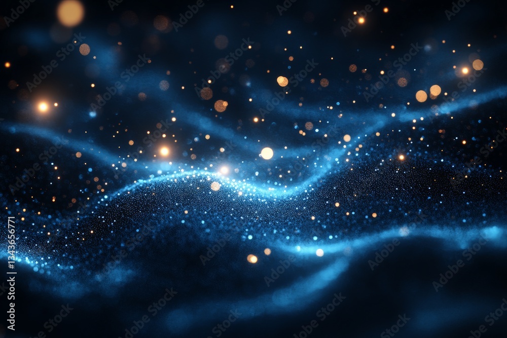 Poster Stunning blue and gold abstract waves with sparkling particles in a dark setting showcasing light and motion