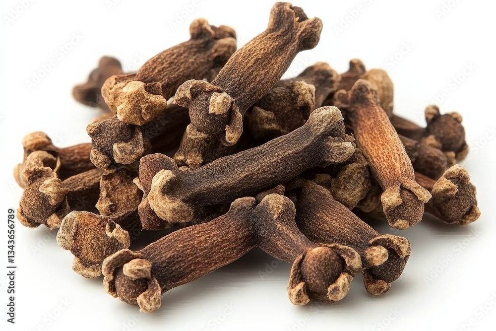Poster Cloves arranged neatly on a white background, showcasing their unique shape and texture in a clean, minimalistic style