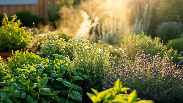 An aromatic herb garden at sunrise with morning dew glistening on basil, rosemary, and lavender, steam rising from the plants, golden hour illumination.