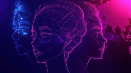 Obraz premium Abstract female faces connected by network lines against a world map, symbolizing global connection and communication.