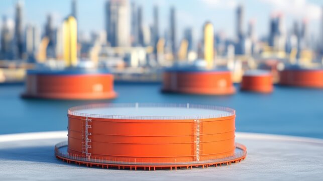 Floating storage tanks at industrial port.