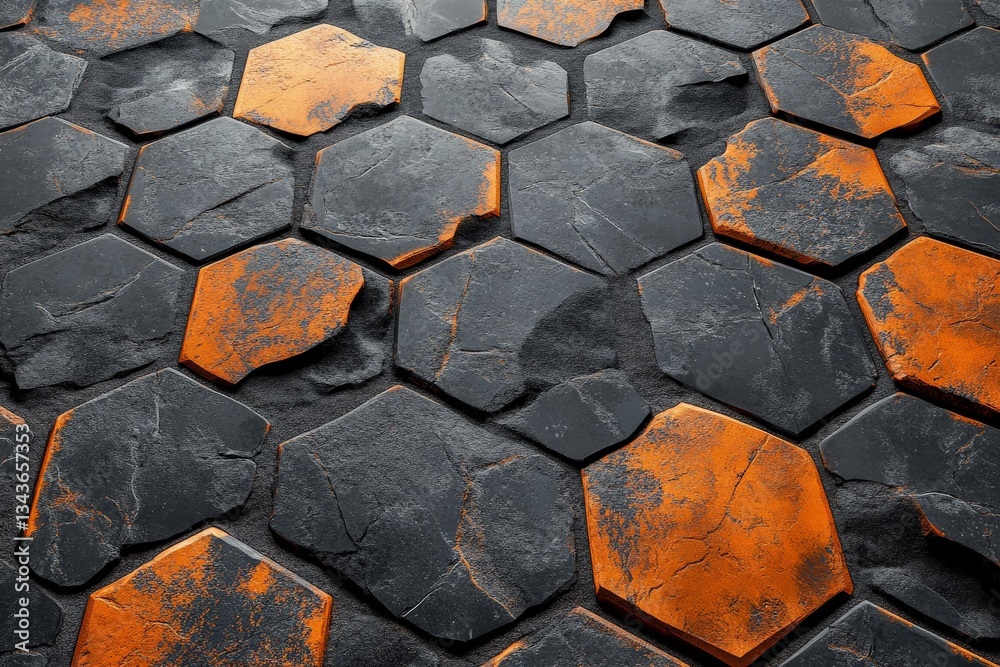 Poster Abstract hexagonal tile pattern in black and orange suitable for modern interior design and architecture