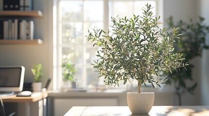 A tiny potted olive plant in a scandinavian style office surrounded by minimalist decor elements