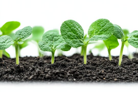 Young green seedlings growing in rich dark soil under bright light in a nurturing environment
