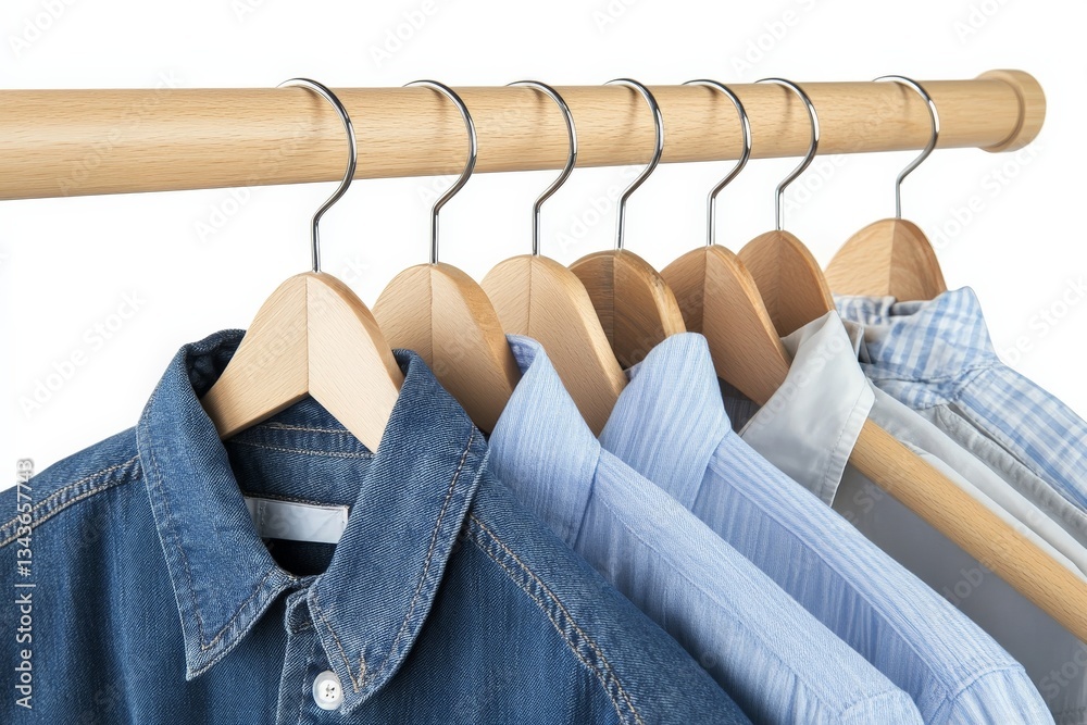 Poster hanging shirts of various colors and styles displayed on wooden hangers in a bright setting