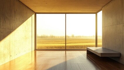 Modern minimalist room with large windows.  Sunlight streams in, illuminating a spacious interior